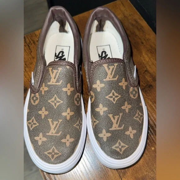 Vans LV Brown and Tan Monogram Slip-Ons - Picture 1 of 2